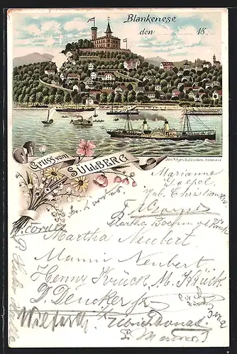 Lithographie Hamburg-Blankenese, Süllberg mit Dampfern