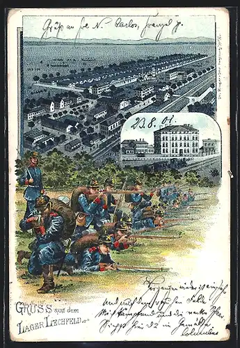Lithographie Lager Lechfeld, Soldaten mit Pickelhauben in der Schiessübung, Ortsansicht