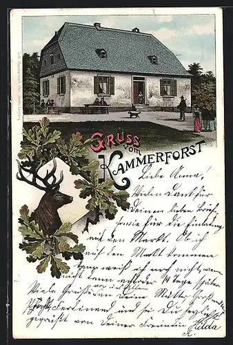 Lithographie Assmannshausen, Forsthaus & Gasthaus zum Kammerforst, Hirsch