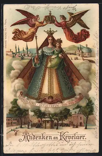 Lithographie Kevelaer, Kapelle mit Prozession, Maria mit Engeln