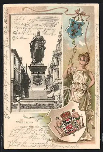 Passepartout-Lithographie Wiesbaden, Kaiser Friedrich-Denkmal, Dame mit Wappen