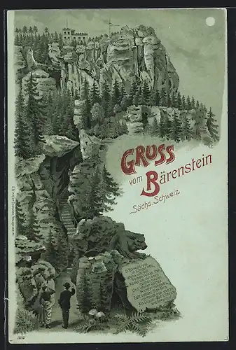 Mondschein-Lithographie Bärenstein /Sächs. Schweiz, Panorama mit Restaurant auf dem Gipfel