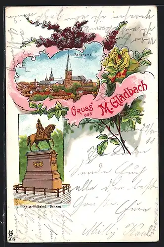 Lithographie Mönchengladbach, Kaiser Wilhelm I. Denkmal, Panorama mit Kirche, Blumen