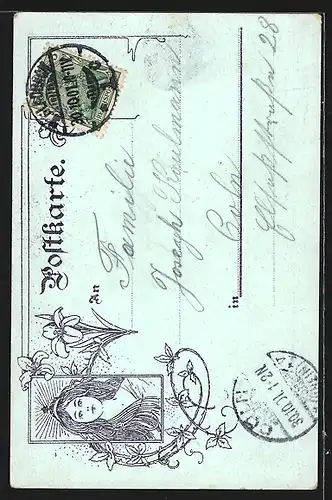 Lithographie Mönchengladbach, Kaiser Wilhelm I. Denkmal, Panorama mit Kirche, Blumen