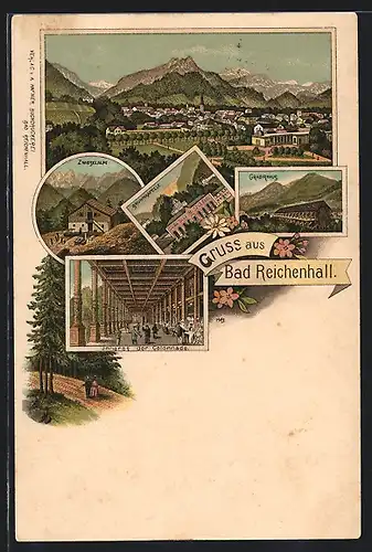 Lithographie Bad Reichenhall, Inneres der Colonnade, Gradirhaus, Brunnkapelle