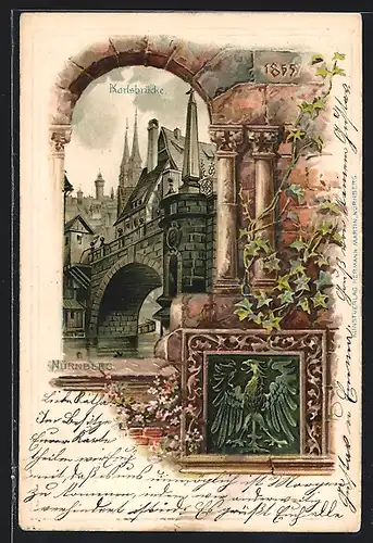 Passepartout-Lithographie Nürnberg, Karlsbrücke, Adler