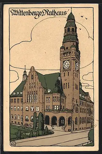 Steindruck-AK Wittenberge, Ansicht vom Rathaus