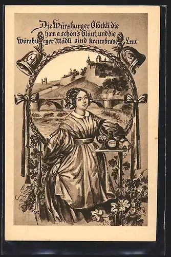 AK Würzburg, Ortsansicht mit Brücke und Schloss, Würzburger Glöckli, Mädchen mit Wein