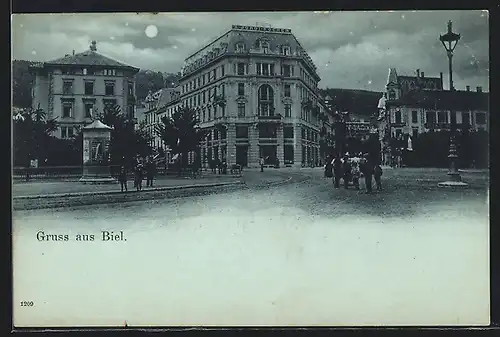 Mondschein-AK Biel, Strasseneck mit Haus v. A. Jordi-Kocher