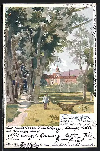 Künstler-AK Colombier, Schloss, alter Mann auf einer Wiese