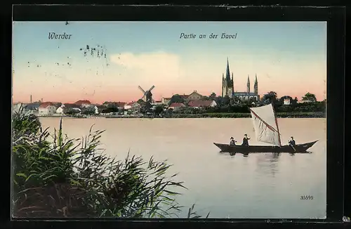 AK Werder, Uferpartie an der Havel, Blick zur Stadt