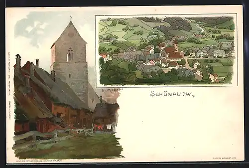 Künstler-AK K. Mutter: Schönau, Panorama und Kirche