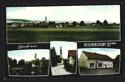 AK Reichersdorf, Gesamtansicht, Strassenpartie mit Kirche & Bäckerei W. Obermaier