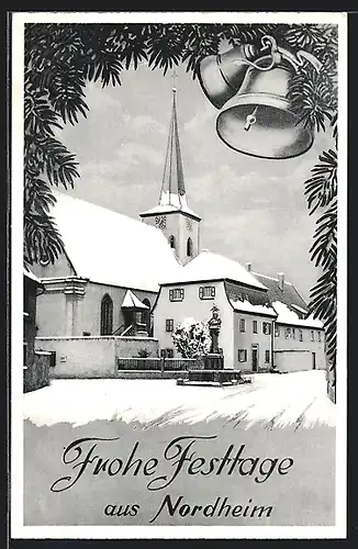 AK Nordheim, Ortsansicht mit Kirche im Winter