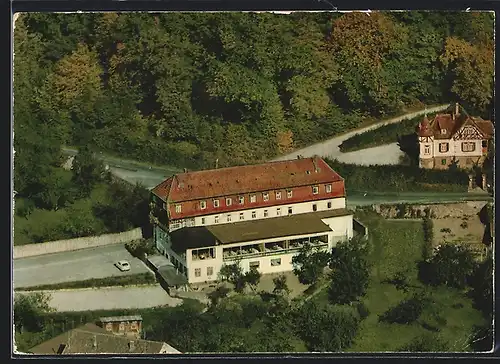 AK Schönau, Gaststätte - Café - Pension Zum alten Forsthaus aus der Vogelschau