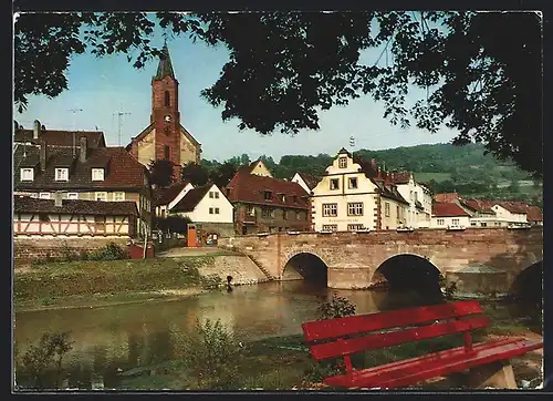 AK Gräfendorf, Partie am Fluss mit roter Bank