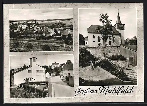 AK Mühlfeld, Ortsansicht, Strassenpartie, Kirche