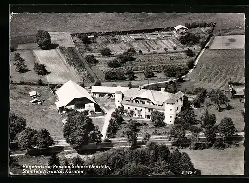 AK Steinfeld im Drautal, Vegetarische Hotel-Pension Schloss Neustein, Fliegeraufnahme