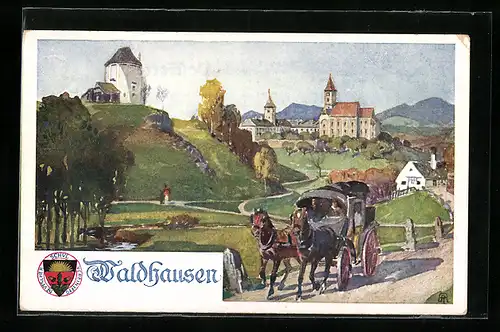 AK Deutscher Schulverein Nr. 284: Waldhausen im Strudengau, Ansicht mit Kutsche