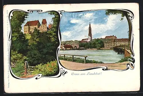 Passepartout-AK Landshut, Schloss, Ortspanorama mit Brücke und Kirche