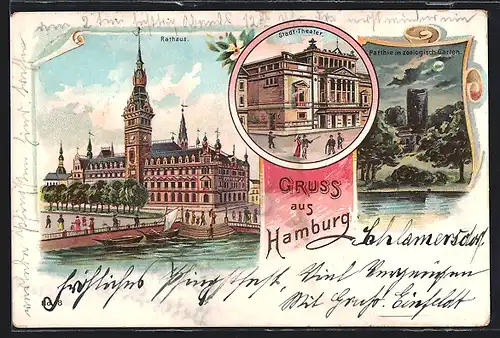 Lithographie Hamburg, Rathaus, Stadt-Theater, Zoo-Partie bei Vollmond