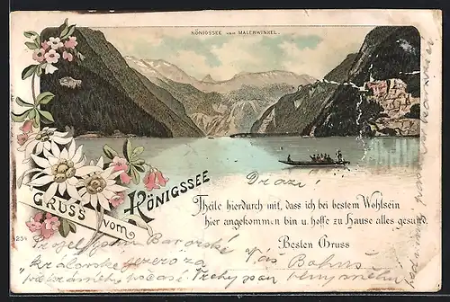 Lithographie Königssee, Teilansicht mit Boot vom Malerwinkel