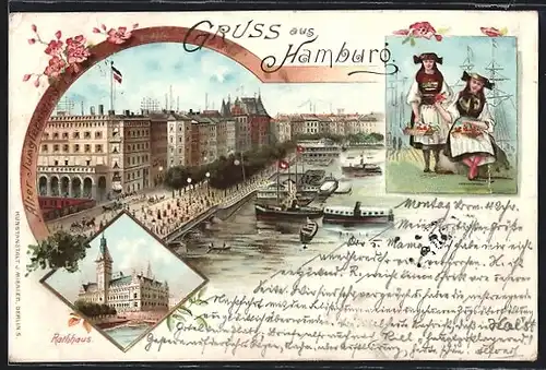 Lithographie Hamburg, Rathaus, Blick auf den Jungfernstieg, Anlegestelle und Binnenalster, Frauen in Tracht