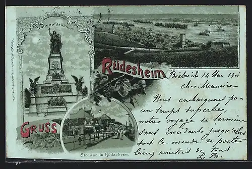 Mondschein-Lithographie Rüdesheim, Strassenpartie, Nationaldenkmal, Ortsansicht