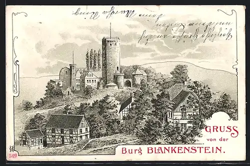 Lithographie Hattingen, Panoramablick zur Burg Blankenstein