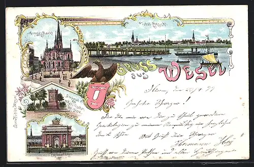 Lithographie Wesel, Grosser Markt, Berliner Thor, Totalansicht, Wappen