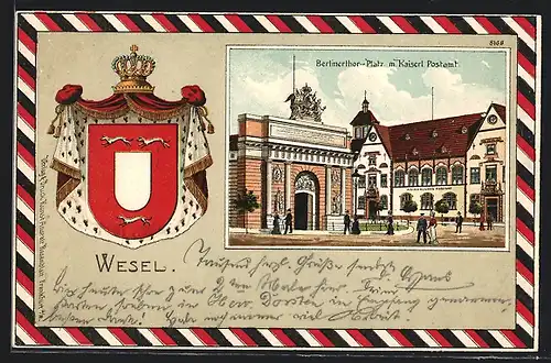Lithographie Wesel, Berlinerthor-Platz mit Kaiserl. Postamt, Wappen
