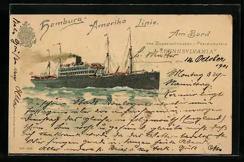 Künstler-AK Postdampfer Pennsylvania der Hamburg-Amerika Linie