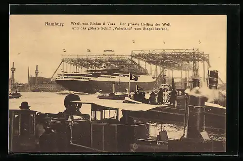 AK Hamburg, Werft Blohm & Voss, Stapellauf des Passagierschiffes Bismarck
