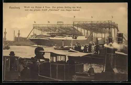 AK Werft von Blohm & Voss, Stapellauf des Passagierschiffes S.S.D. Bismarck