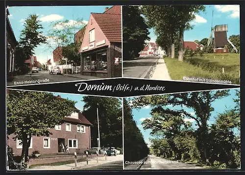 AK Dornum (Ostfr.), Enno-Hektor-Strasse, Bahnhof mit Ständermühle, Post