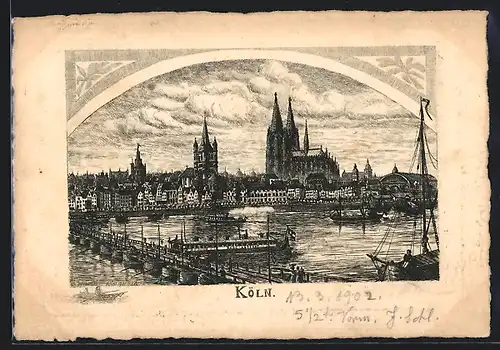 Künstler-AK Köln, Rheinpartie mit dem Dom