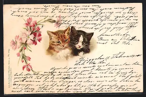 Lithographie Zwei junge Katzen neben Blumen