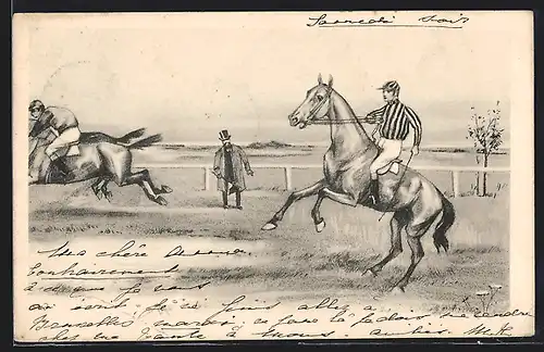 AK Jockey mit scheuendem Pferd beim Pferderennen