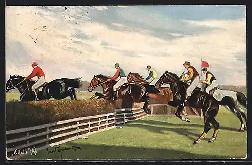 Künstler-AK Springreiten, Reitergruppe beim Überwinden eines Hindernisses
