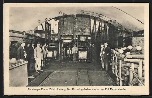 AK Hoensbroek, Staatsmijn Emma, de lift met geladen wagen op 410 m. diepte