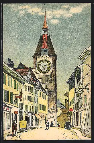 Steindruck-AK Zürich, Marktgasse mit Spittelturm