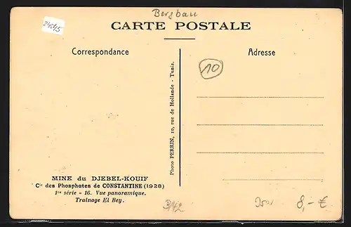 AK Djebel-Kouif, Mine de Djebel-Kouif, Cie des Phosphates de Constantine, Vue panoramique, Traînage El Bey, Bergbau