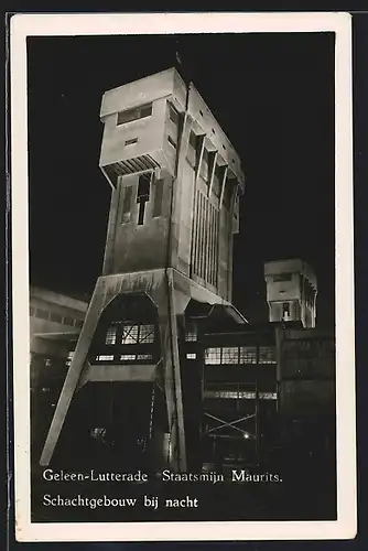 AK Lutterade-Geleen, Staatsmijn Maurits, Schachtgebouw bij nacht, Kohlebergbau