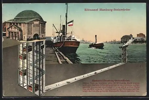 AK Hamburg-Steinwerder, Elbtunnel, Blick auf Kai mit Dampfschiffen