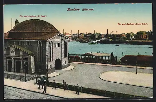 AK Hamburg-St. Pauli, verschiedene Ein- und Ausfahrten des Elbtunnels