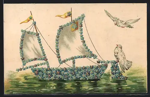 AK Blumenbild, Segelboot mit weissen Tauben