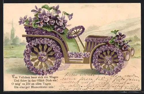 AK Auto mit violetten Blumen, Blumenbild