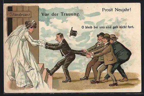 AK Männer versuchen den Bräutigam vor der Trauung zu retten - frauenfeindlicher Humor