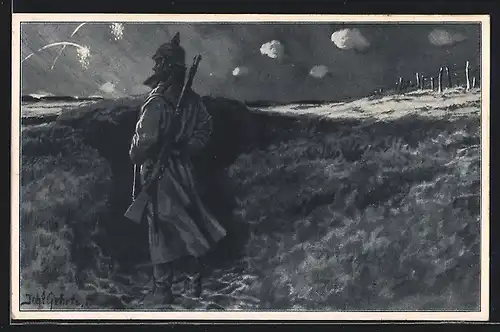 Künstler-AK Soldat bei Feuerwerk im Schützengraben blickt in den Himmel