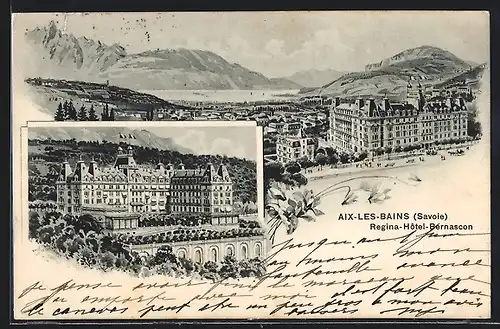 Lithographie Aix-les-Bains, Regina-Hôtel-Bernascon, Panorama